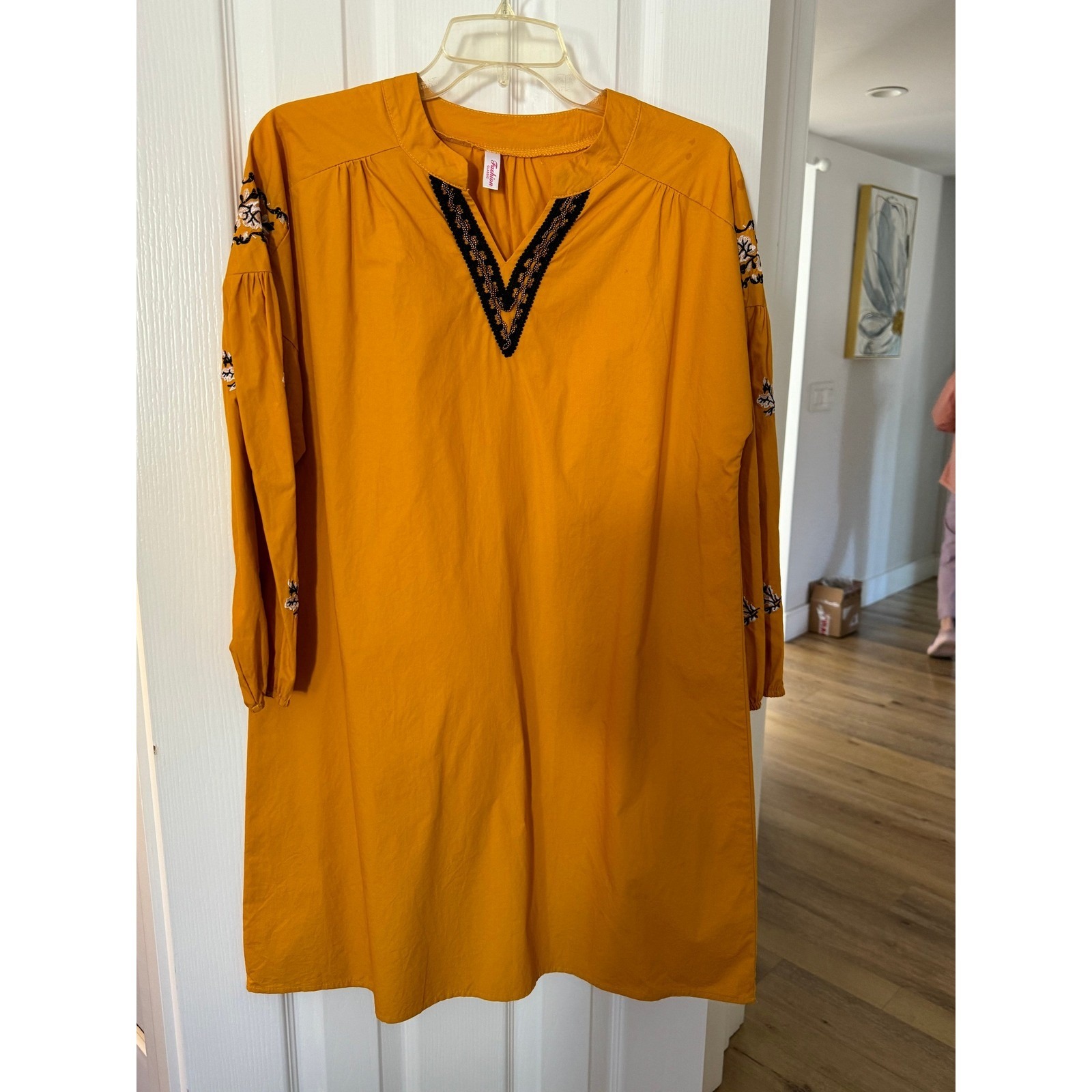 Mustard Embroidered Peasant Dress Bohemian Tunic Top Long Sleeve